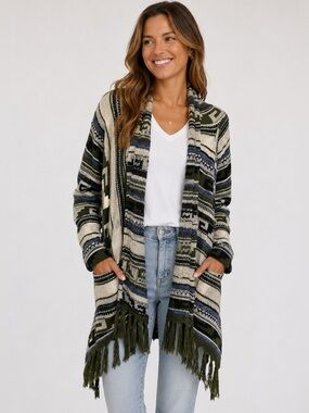 J. Jill Wool Blend Fringe Open Cardigan Sweater Boho Aztec Large